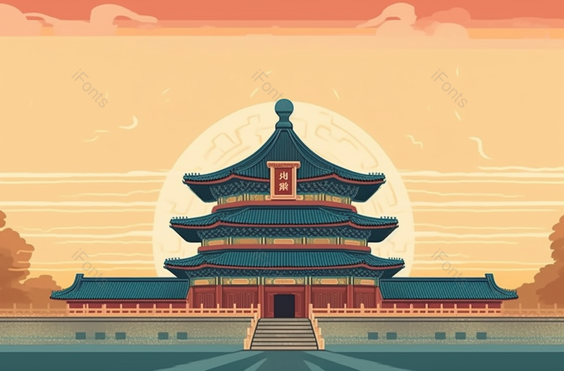 橙色天空太阳天坛阁楼塔祈祷国潮风中国风插画,插画/手绘图,插画/手绘图库,插画/手绘图下载,插画/手绘